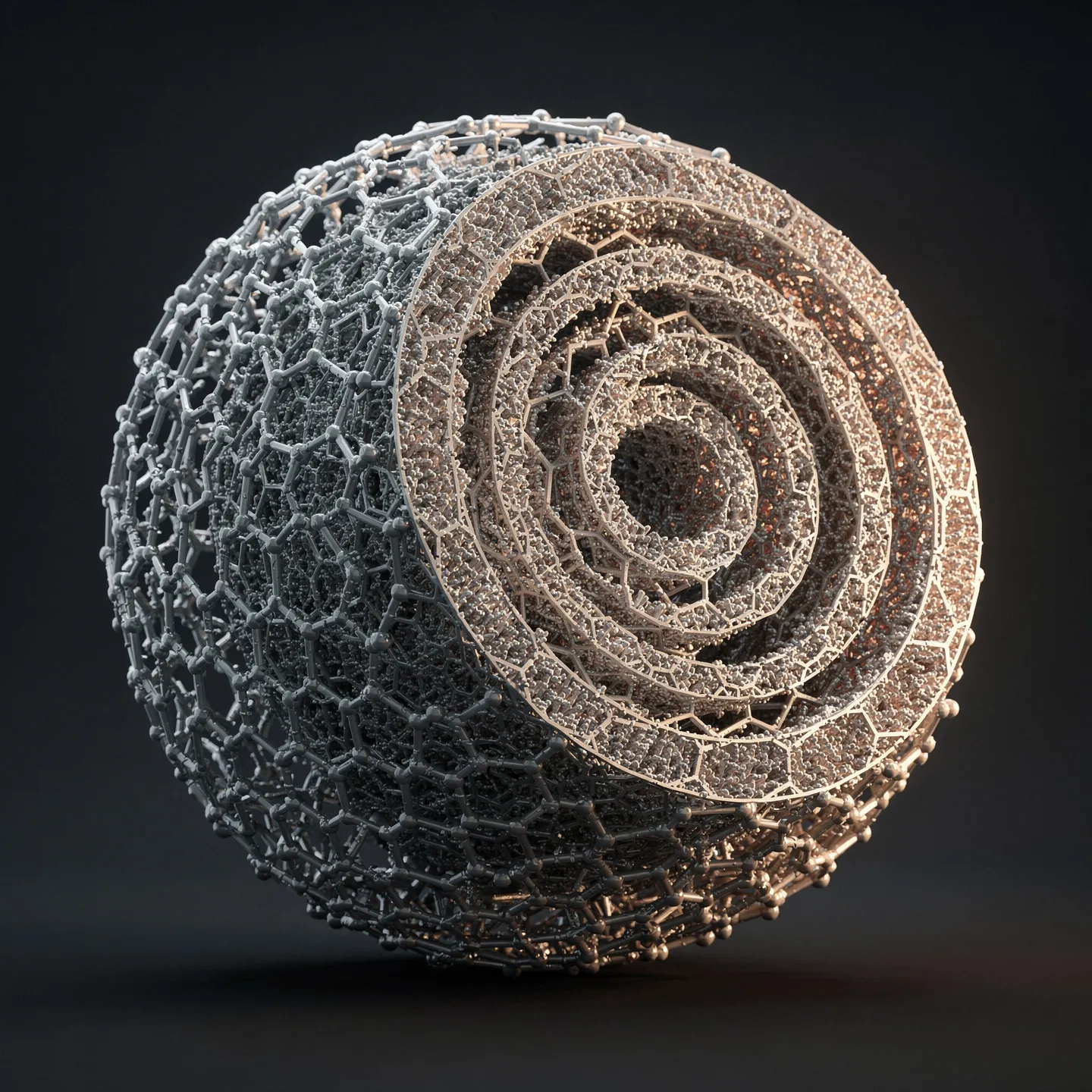 Vue 3D d'un Carbon Nano-Onion : coques de graphène concentriques en coupe